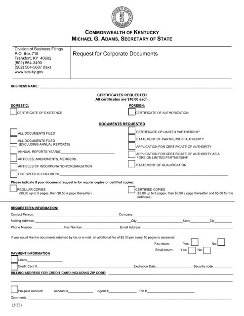 Request for Corporate Documents - Kentucky Download Pdf