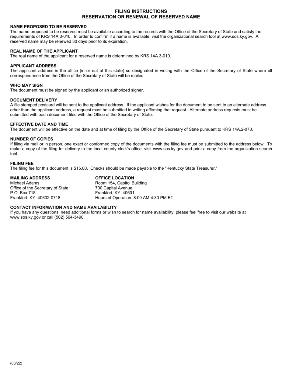 Form RES Reservation or Renewal of Reserved Name (Domestic or Foreign Entity) - Kentucky, Page 2