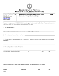 Form AAN &quot;Amended Certificate of Assumed Name (Domestic or Foreign Business Entity)&quot; - Kentucky