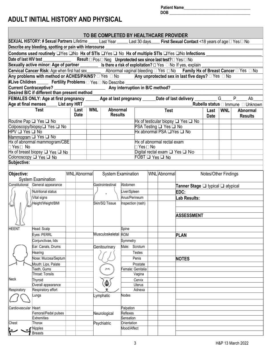 Form HP13 Adult Initial History and Physical - Kentucky, Page 3