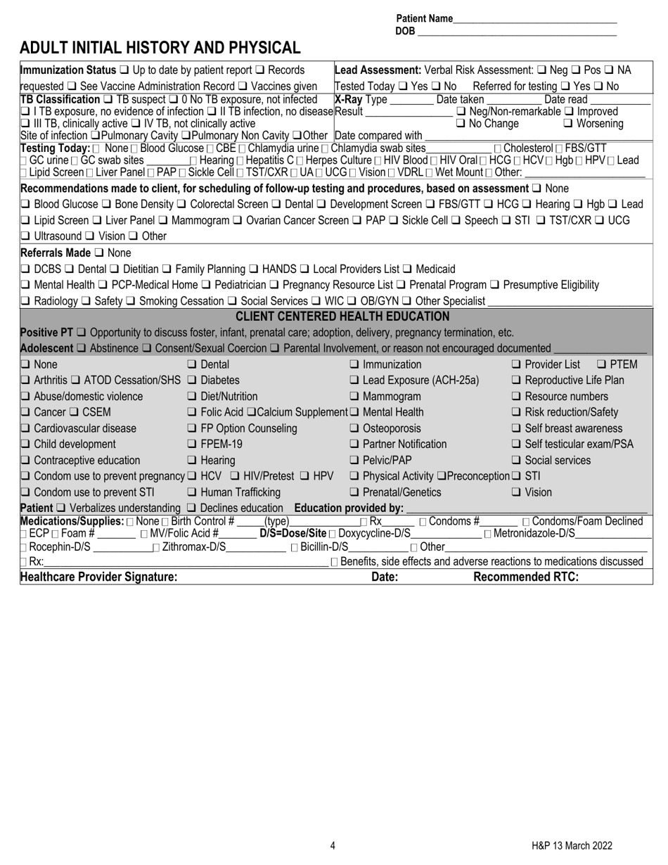 Form HP13 Adult Initial History and Physical - Kentucky, Page 4