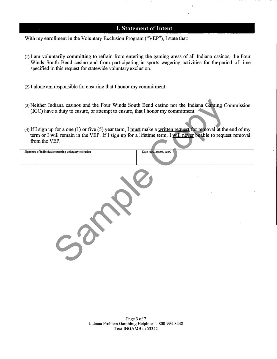 State Form 51803 Request for Enrollment in the Voluntary Exclusion Program (Vep) - Sample - Indiana, Page 3