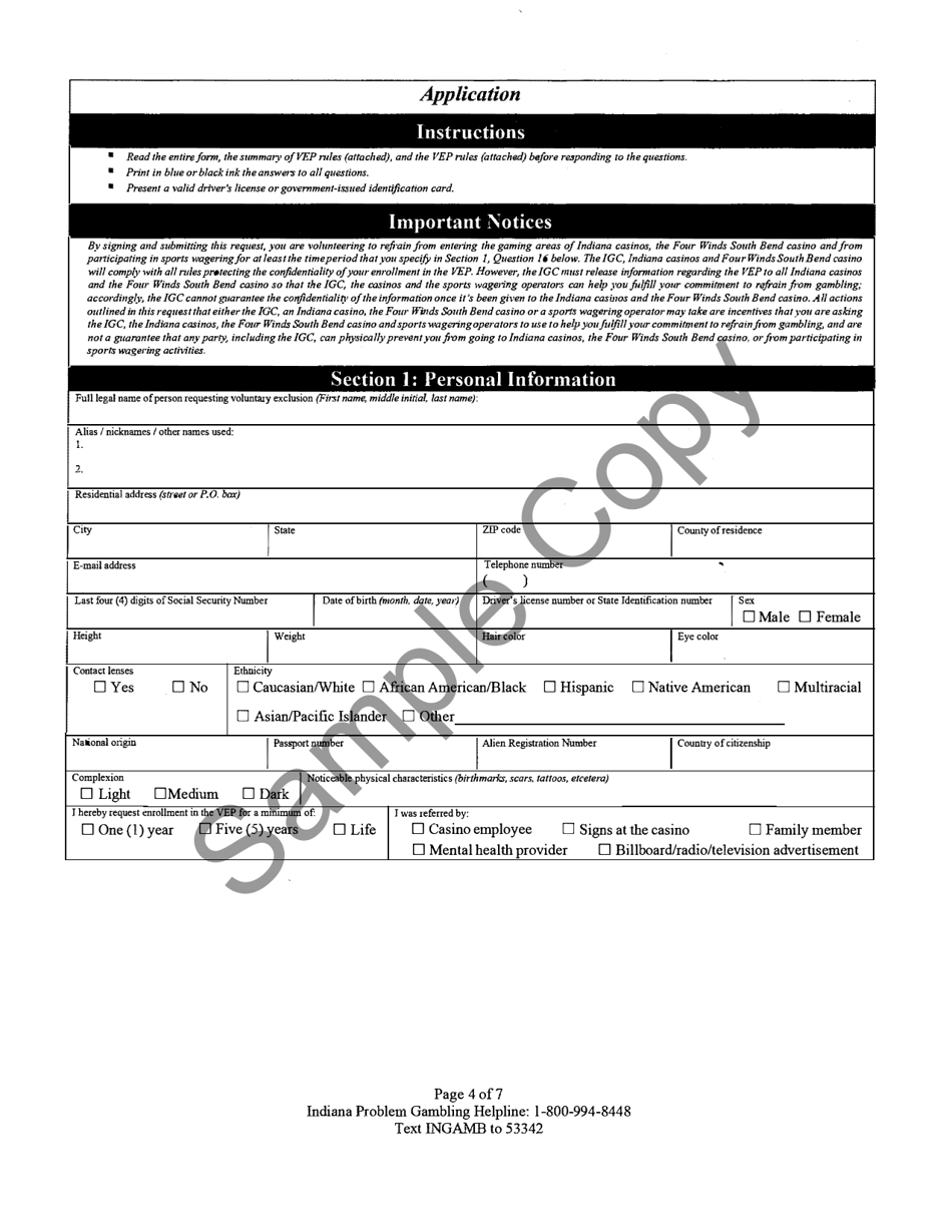 State Form 51803 Request for Enrollment in the Voluntary Exclusion Program (Vep) - Sample - Indiana, Page 4