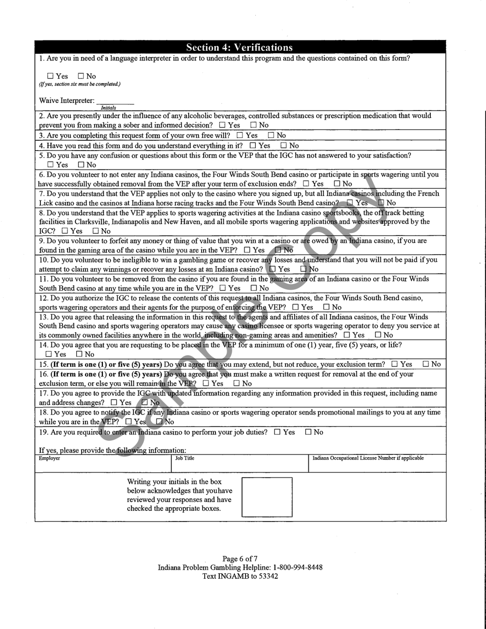State Form 51803 Request for Enrollment in the Voluntary Exclusion Program (Vep) - Sample - Indiana, Page 6