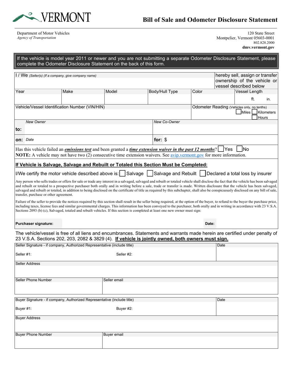 Form VT-005 Bill of Sale and Odometer Disclosure Statement - Vermont, Page 1