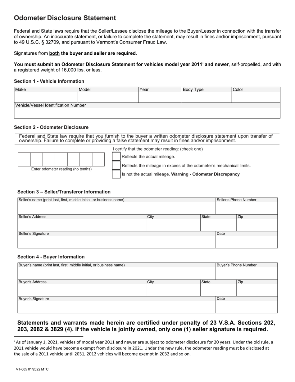 Form Vt-005 Download Fillable Pdf Or Fill Online Bill Of Sale And 