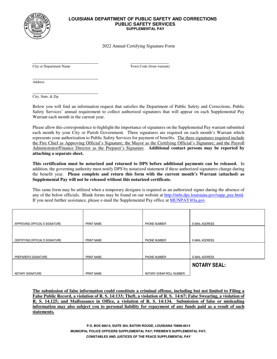 Annual Certifying Signature Form - Fire - Louisiana, Page 1