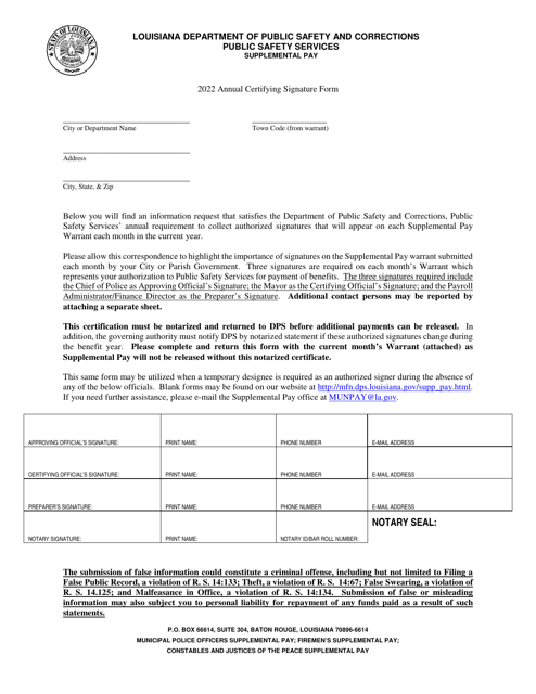 Annual Certifying Signature Form - Police - Louisiana, 2022