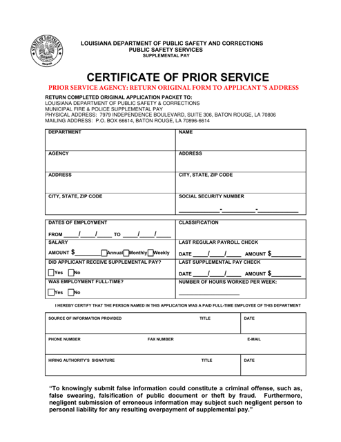 Certificate of Prior Service - Louisiana