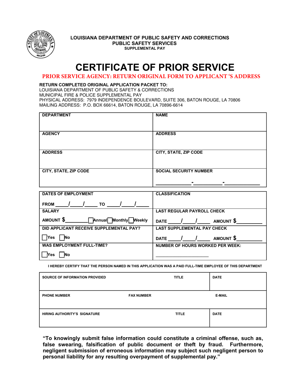 Certificate of Prior Service - Louisiana, Page 1
