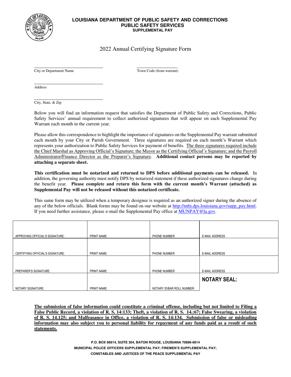 Annual Certifying Signature Form - Marshal - Louisiana, Page 1