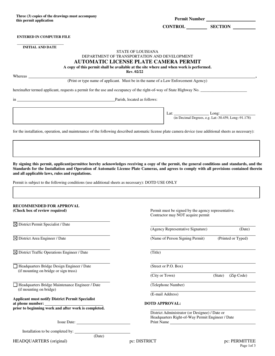 Automatic License Plate Camera Permit - Louisiana, Page 1