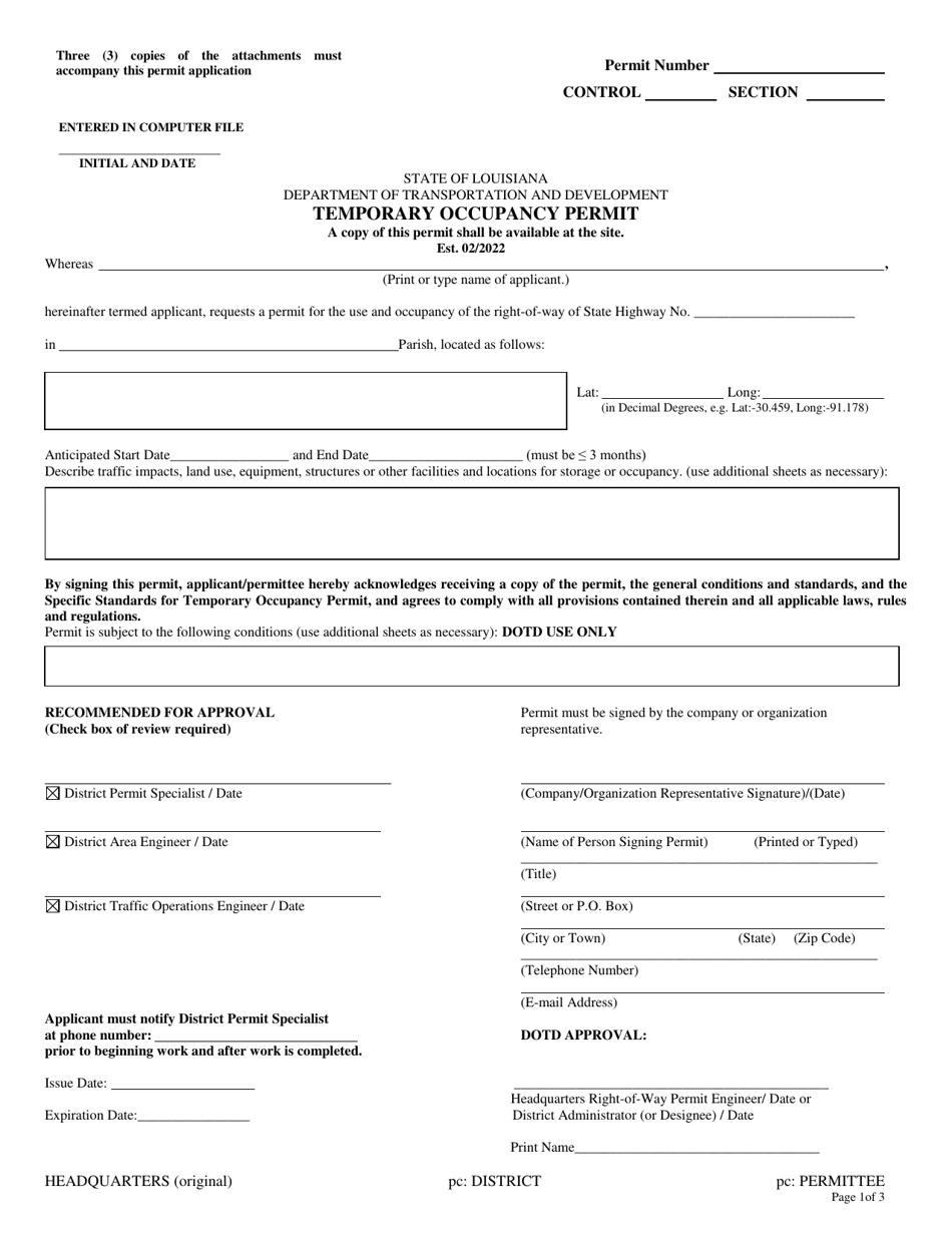 Temporary Occupancy Permit - Louisiana, Page 1