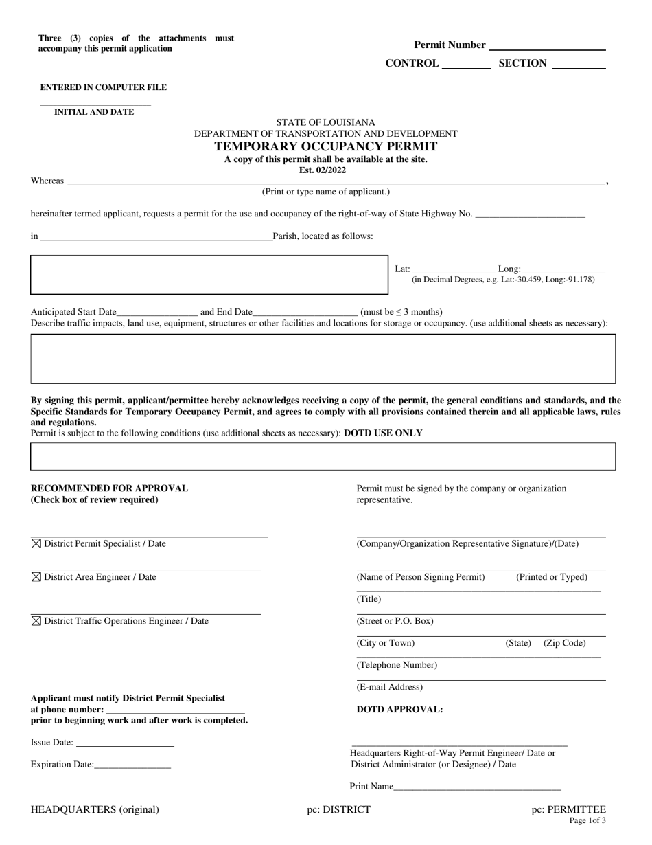 Louisiana Temporary Occupancy Permit Download Fillable PDF | Templateroller