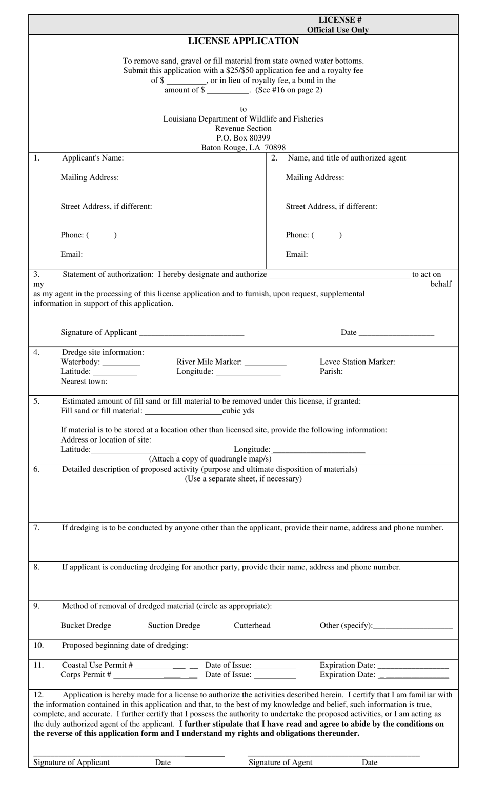 Dredge Fill Material License Application - Louisiana, Page 1