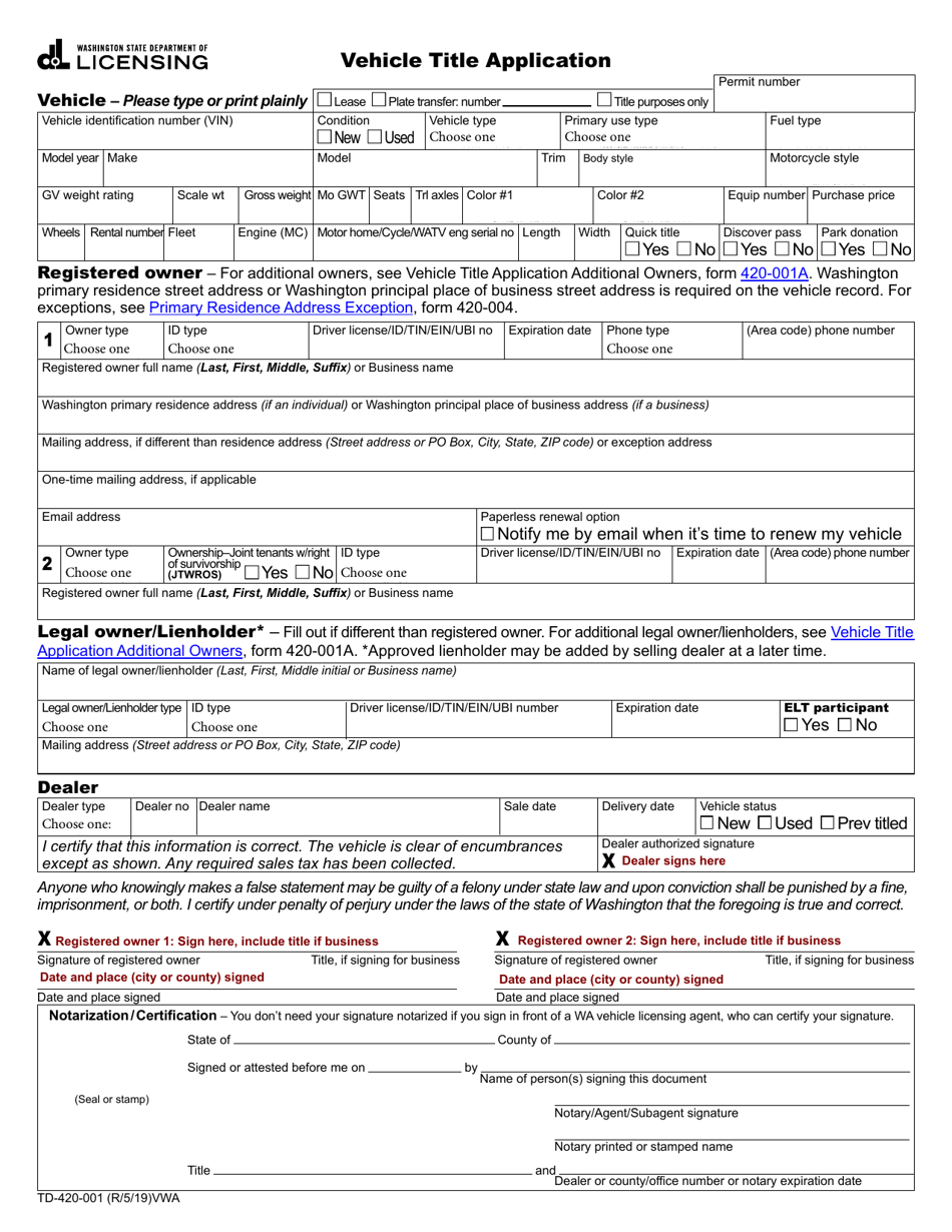 Form TD-420-001 Vehicle Title Application - Washington, Page 1