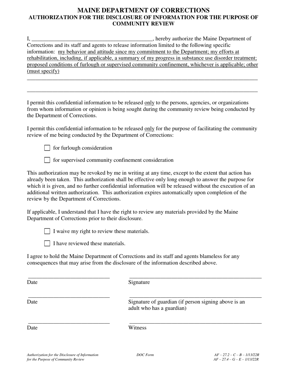 Authorization for the Disclosure of Information for the Purpose of Community Review - Maine, Page 1