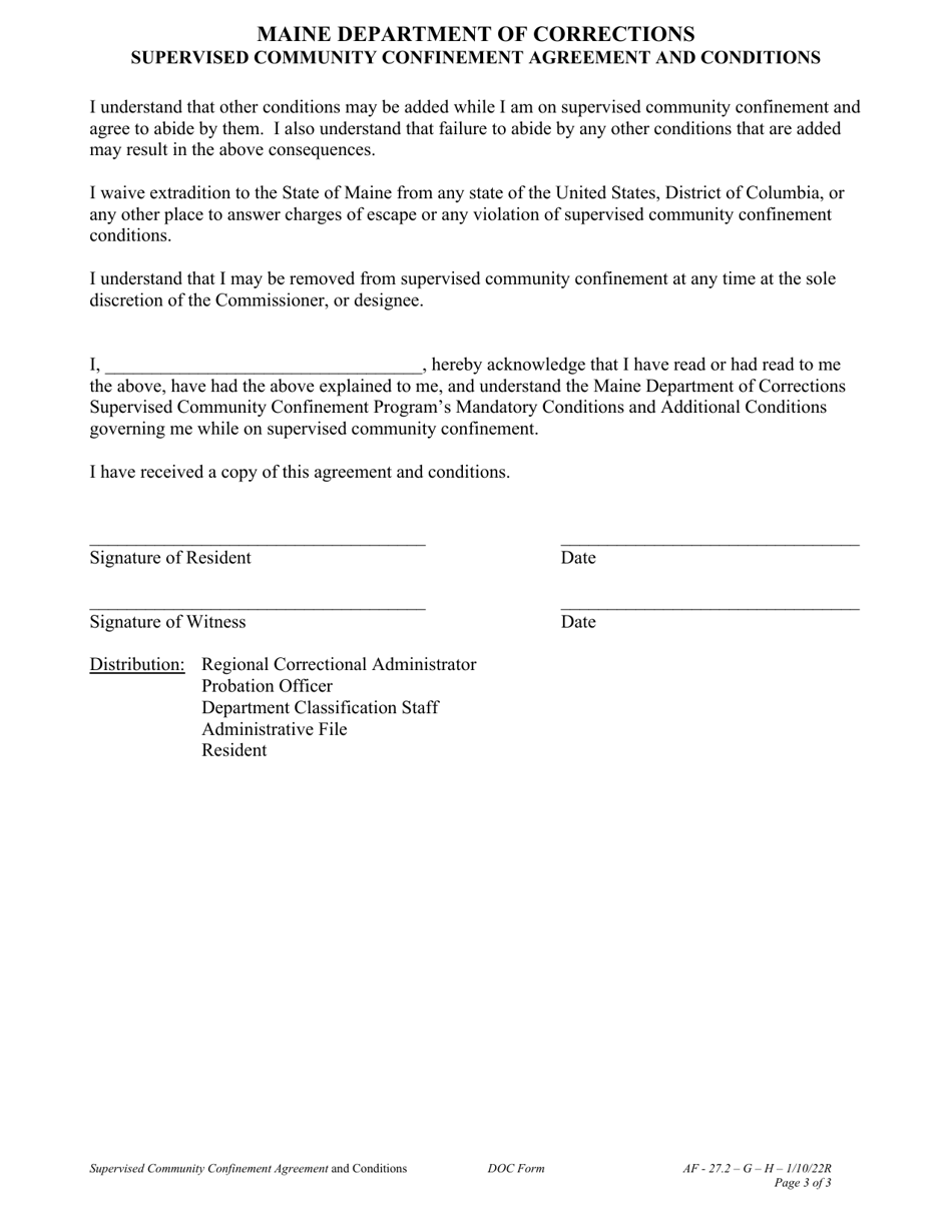 Attachment H Supervised Community Confinement Agreement and Conditions - Maine, Page 3
