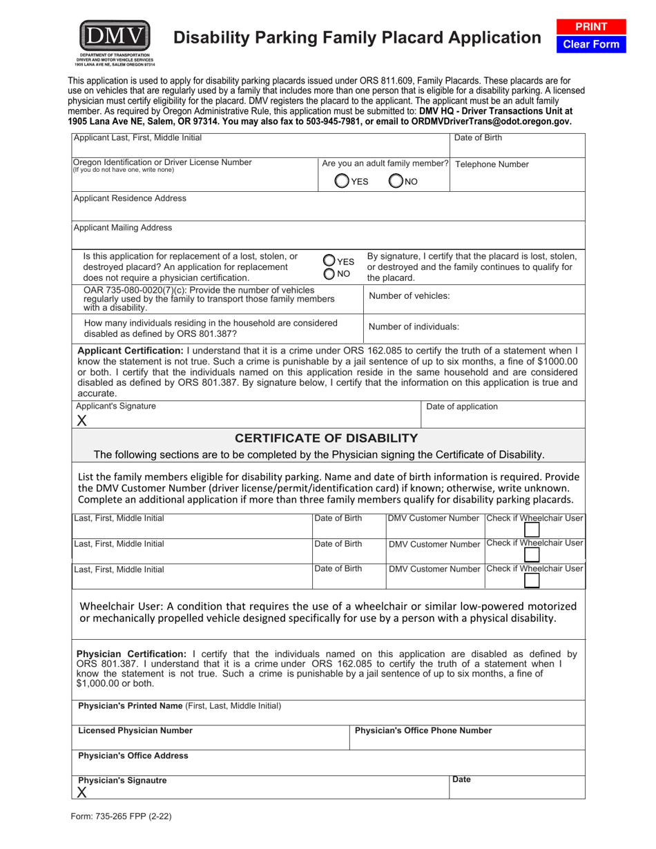 Form 735-265 FPP Disability Parking Family Placard Application - Oregon, Page 1