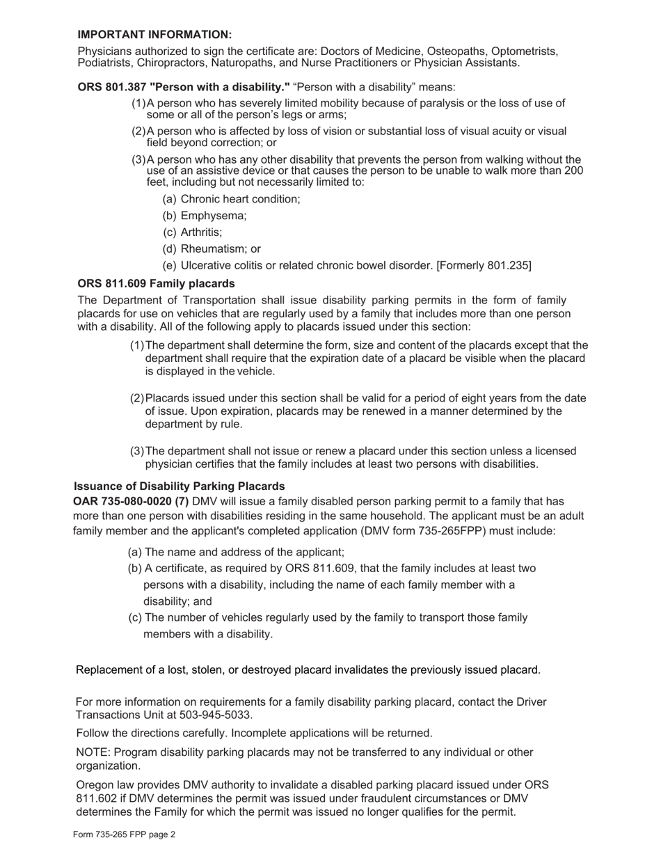 Form 735-265 FPP Disability Parking Family Placard Application - Oregon, Page 2