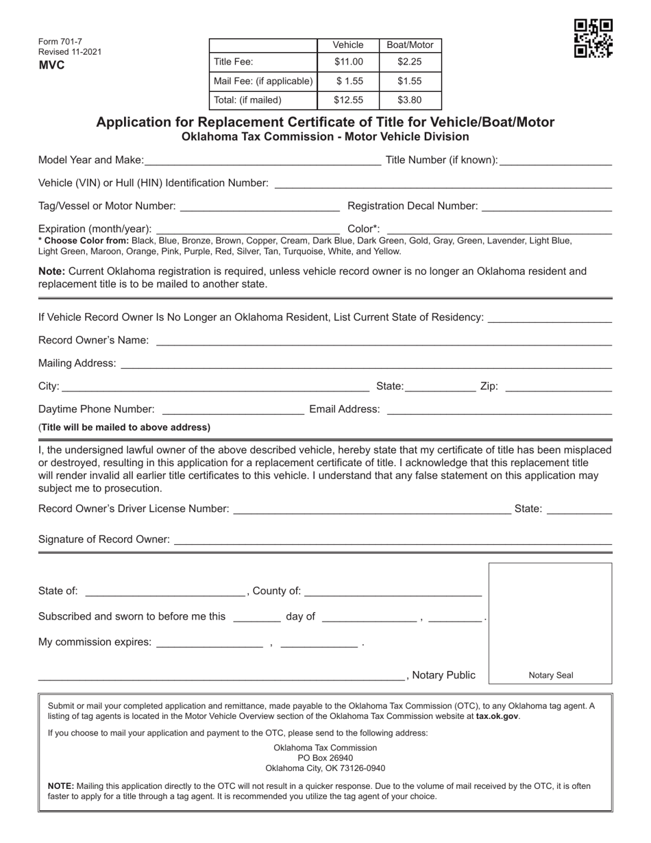 Form 701-7 Application for Replacement Certificate of Title for Vehicle / Boat / Motor - Oklahoma, Page 1