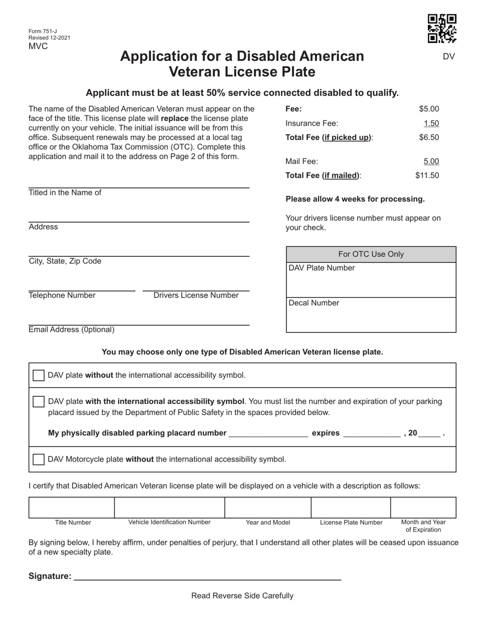 Form 751-J Application for a Disabled American Veteran License Plate - Oklahoma, Page 1