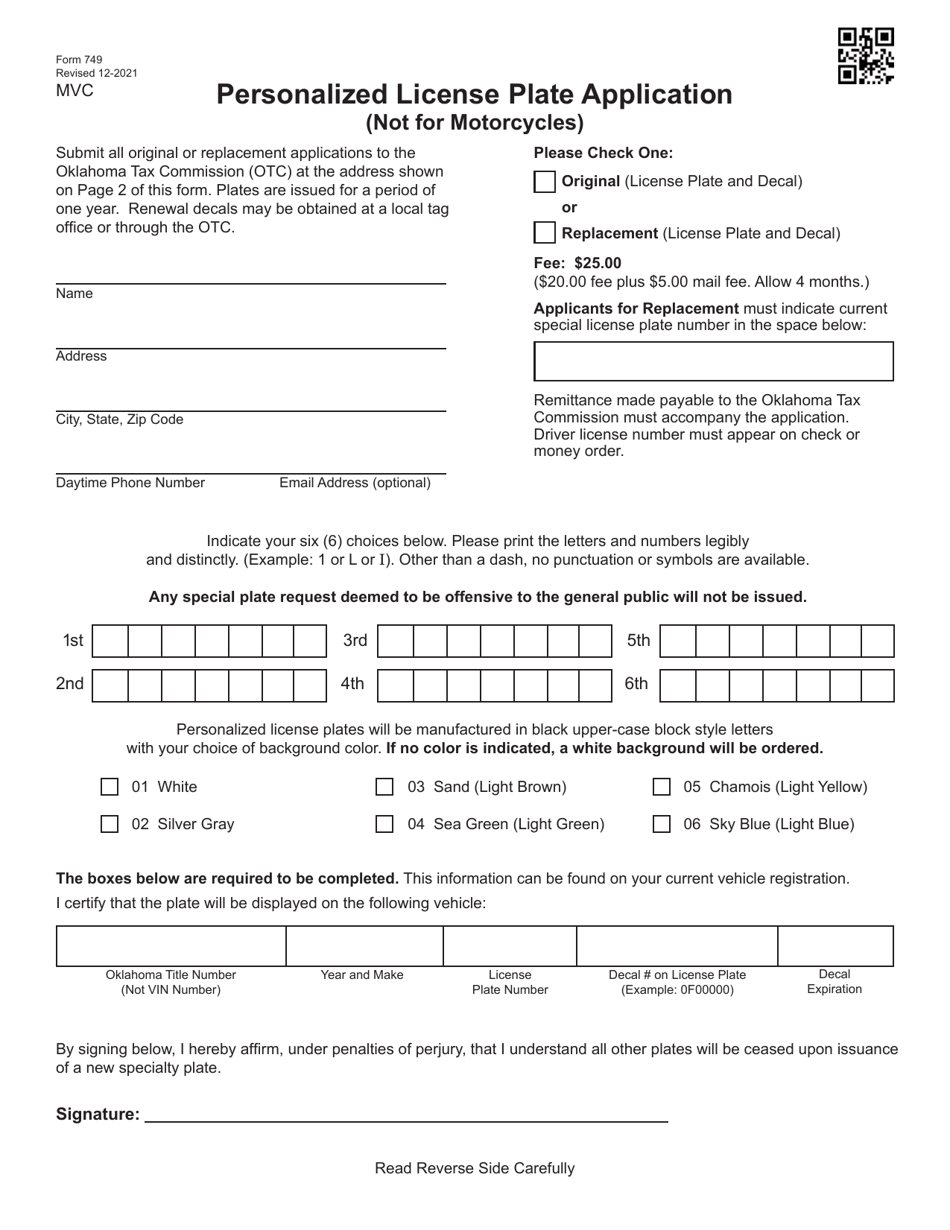 Form 749 Personalized License Plate Application (Not for Motorcycles) - Oklahoma, Page 1