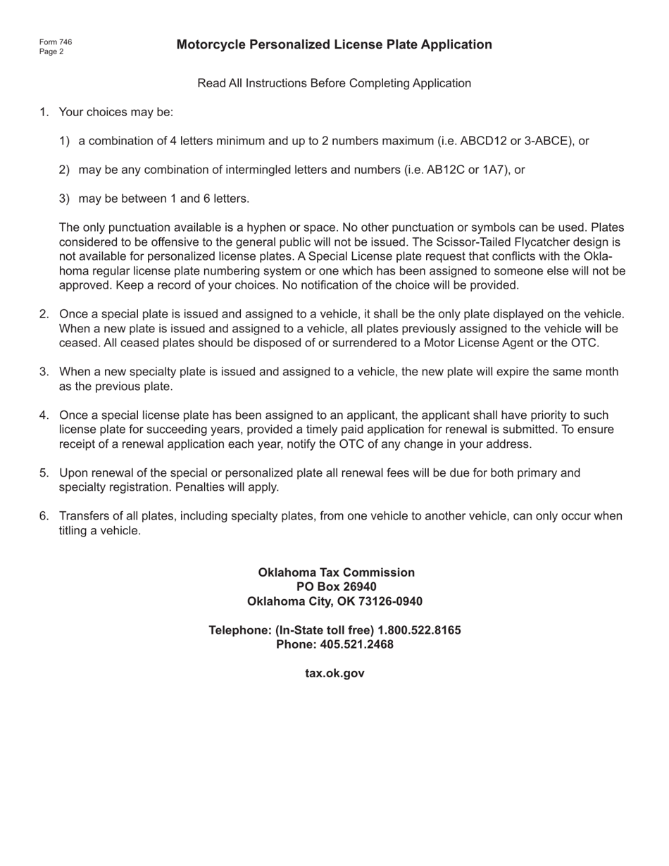Form 746 Motorcycle Personalized License Plate Application - Oklahoma, Page 2