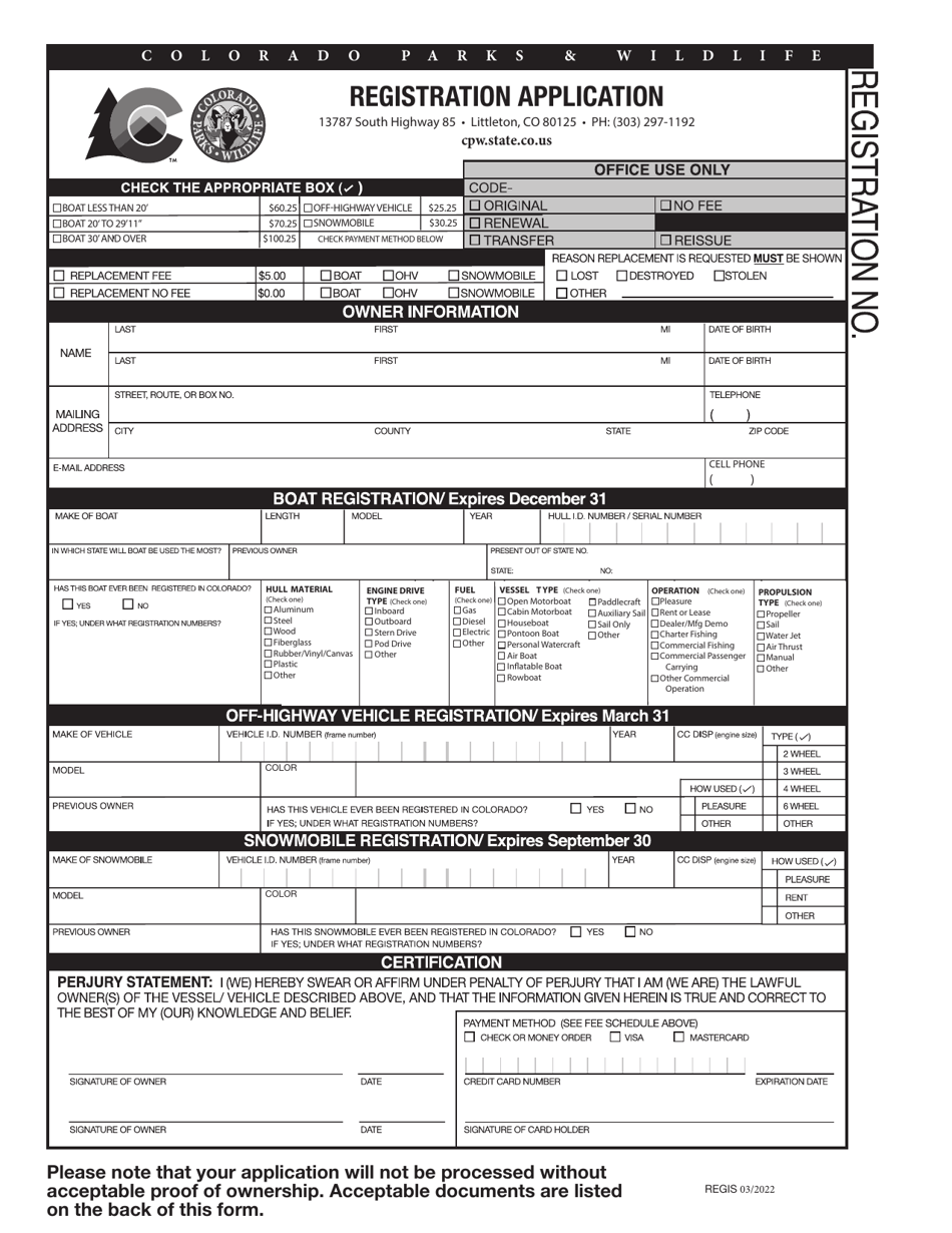 Boat Registration Application - Colorado, Page 1