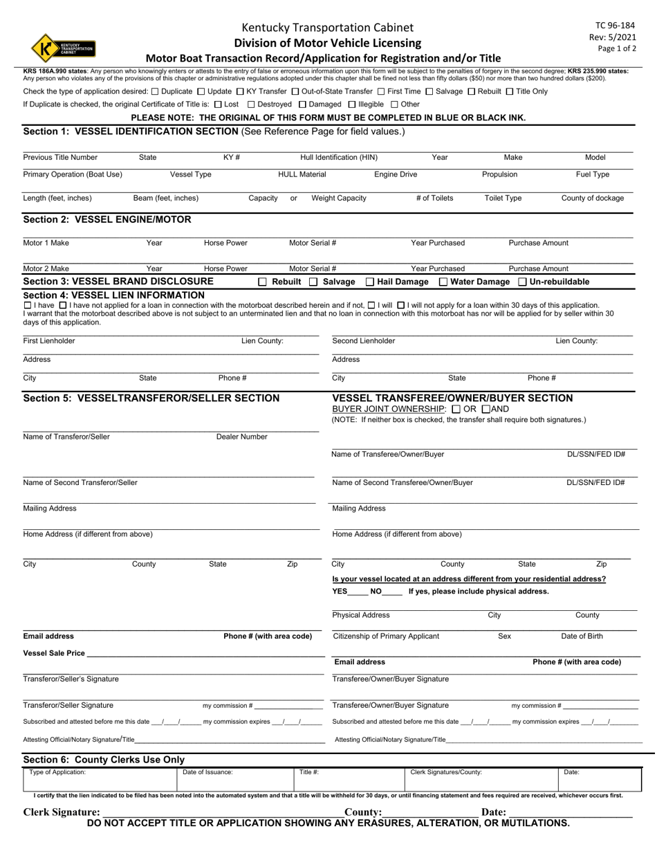 Form TC96-184 Motor Boat Transaction Record / Application for Registration and / or Title - Kentucky, Page 1
