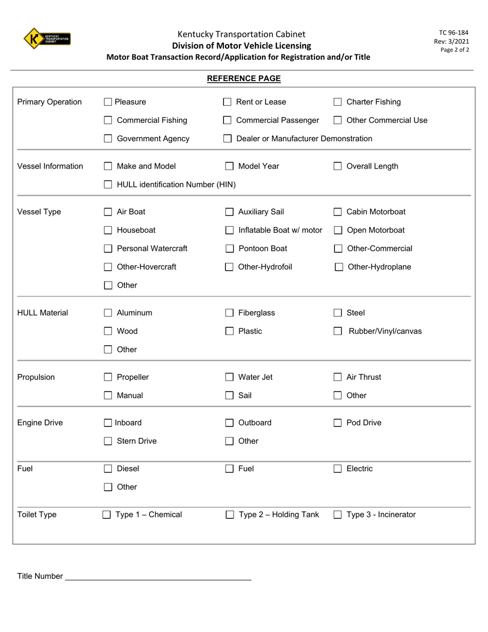 Form TC96-184 Motor Boat Transaction Record / Application for Registration and / or Title - Kentucky, Page 2
