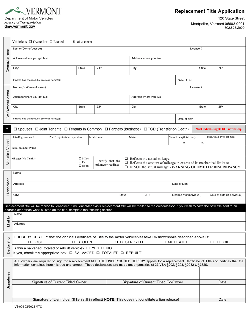 Form VT-004 - Fill Out, Sign Online and Download Fillable PDF, Vermont ...