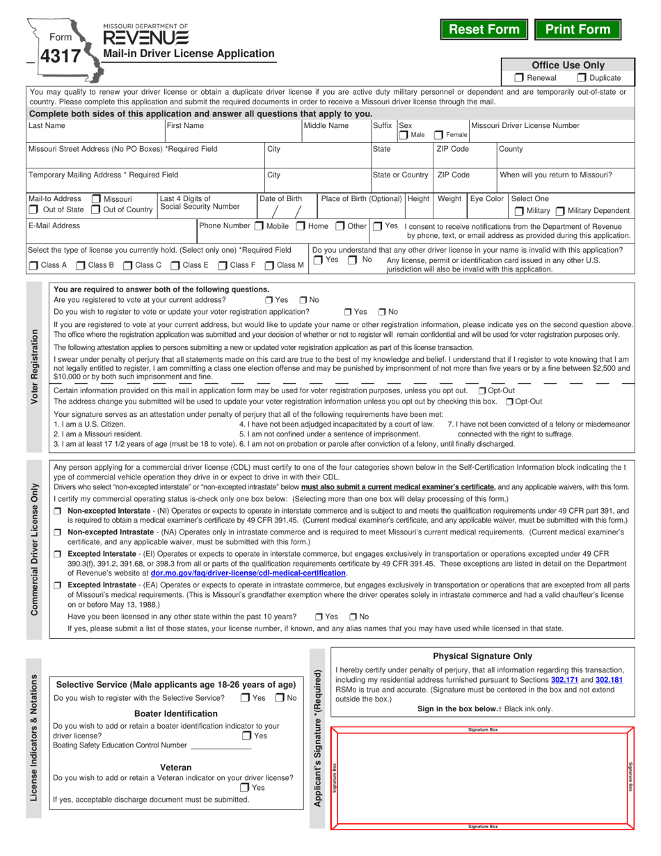 Form 4317 Mail-In Driver License Application - Missouri, Page 1
