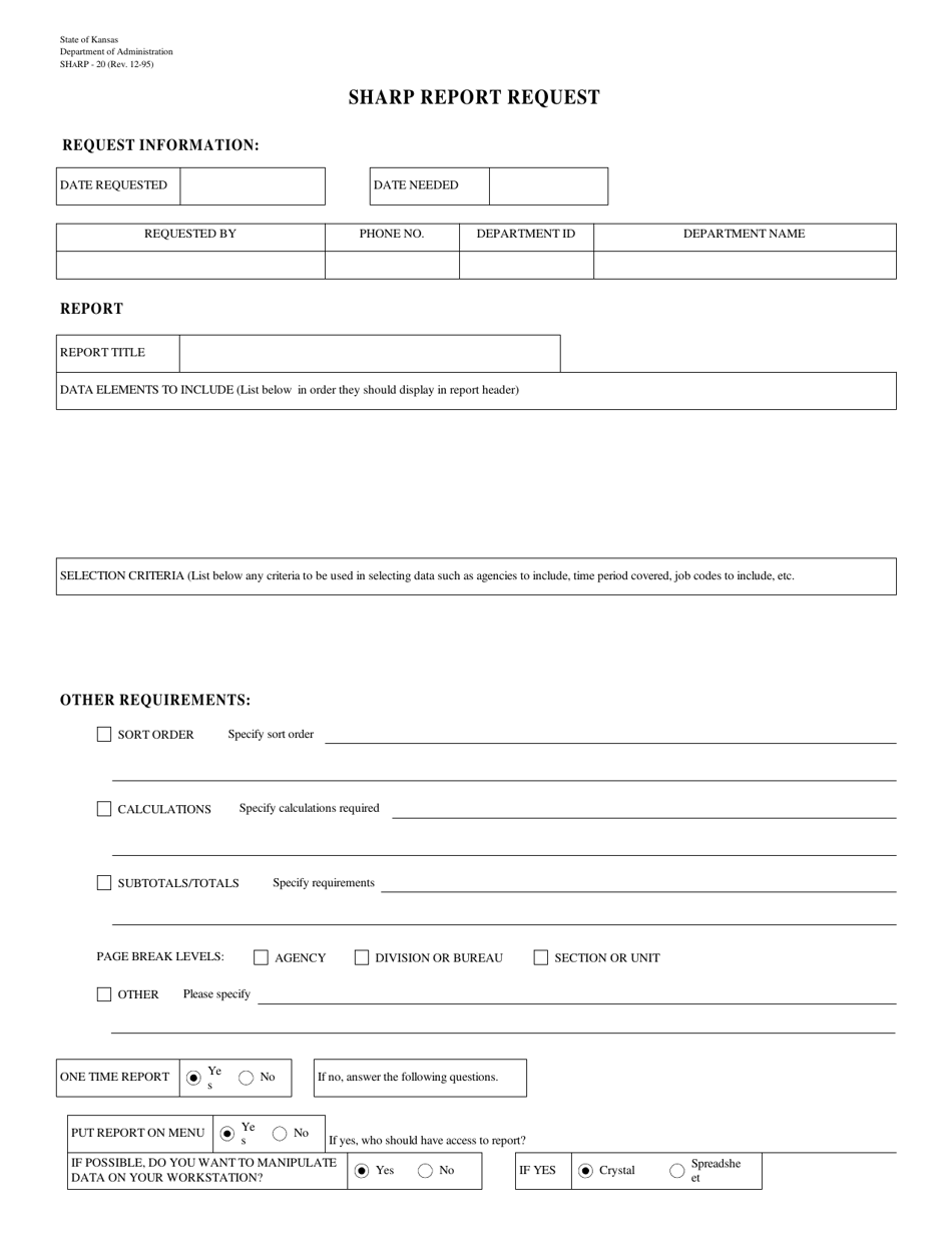 Form SHARP-20 Sharp Report Request - Kansas, Page 1