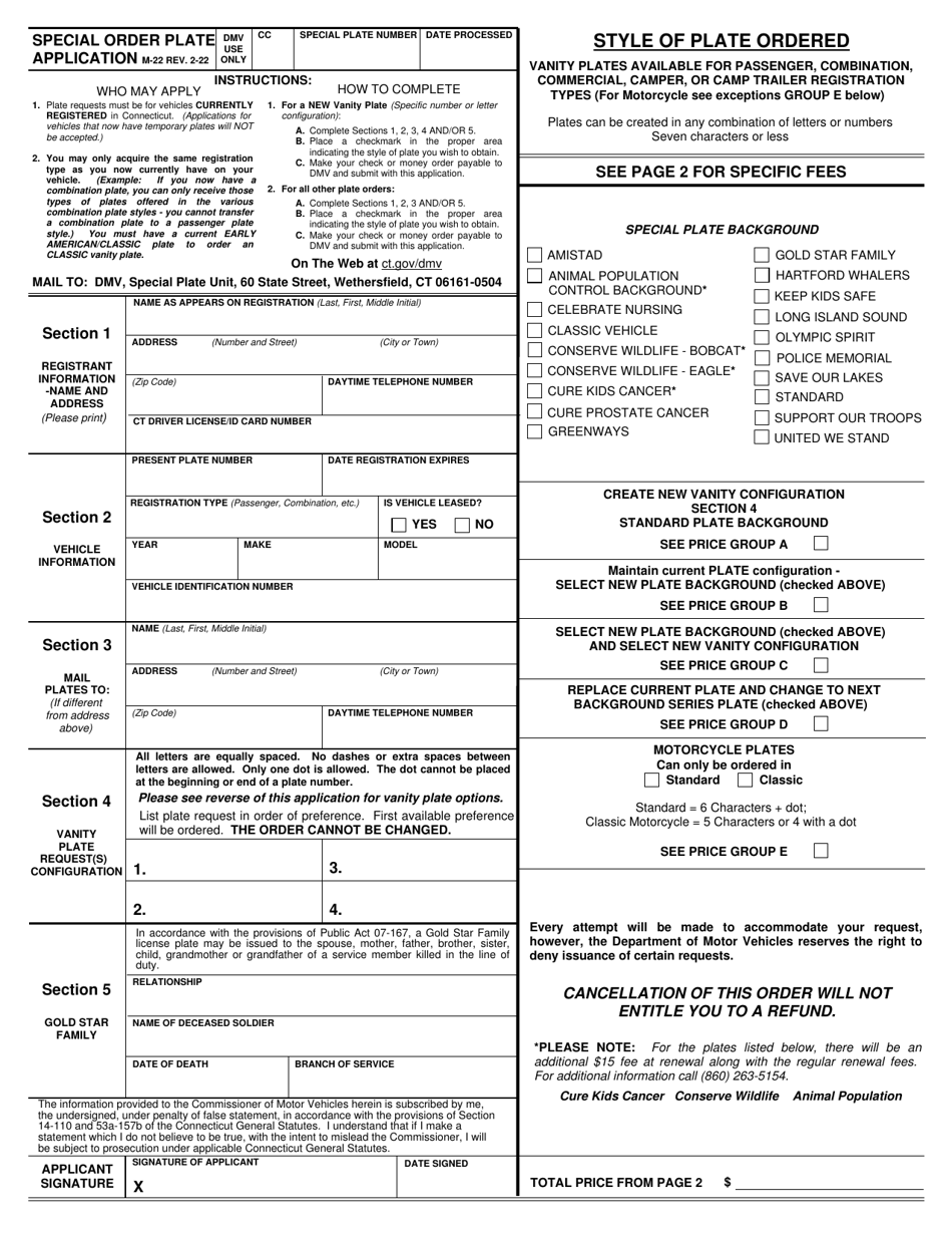 Form M22 Special Order Plate Application (For Unique Background and Vanity Plates) - Connecticut, Page 1