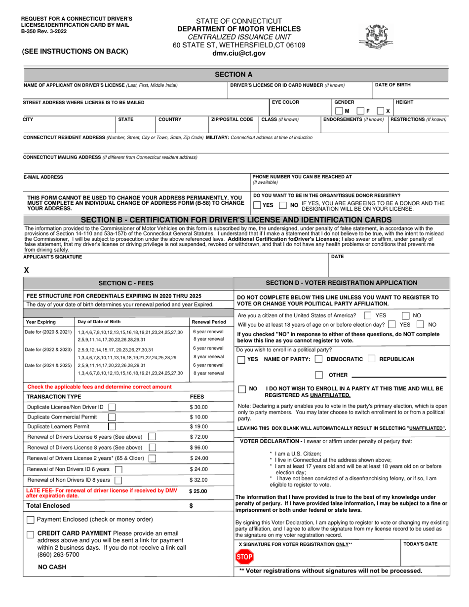 Form B350 Request for a Connecticut Drivers License / Identification Card by Mail - Connecticut, Page 1