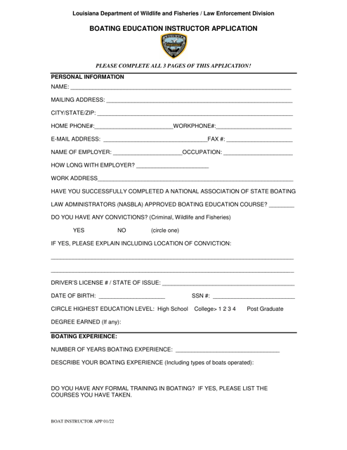 Boating Education Instructor Application - Louisiana Download Pdf