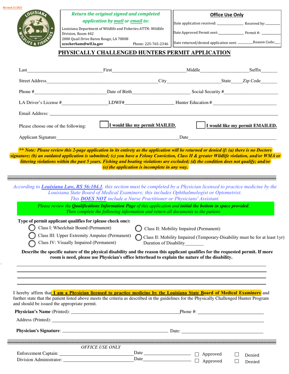 Physically Challenged Hunters Permit Application - Louisiana, Page 1