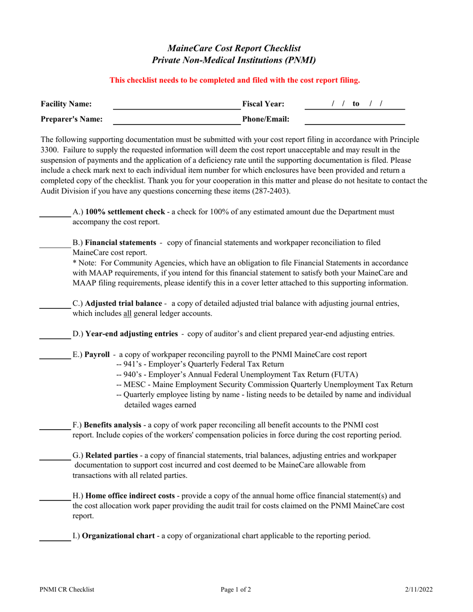 Mainecare Cost Report Checklist - Private Non-medical Institutions (Pnmi) - Maine, Page 1