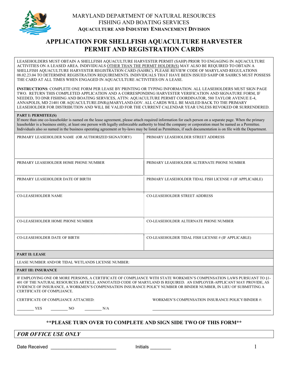 Application for Shellfish Aquaculture Harvester Permit and Registration Cards - Maryland, Page 1