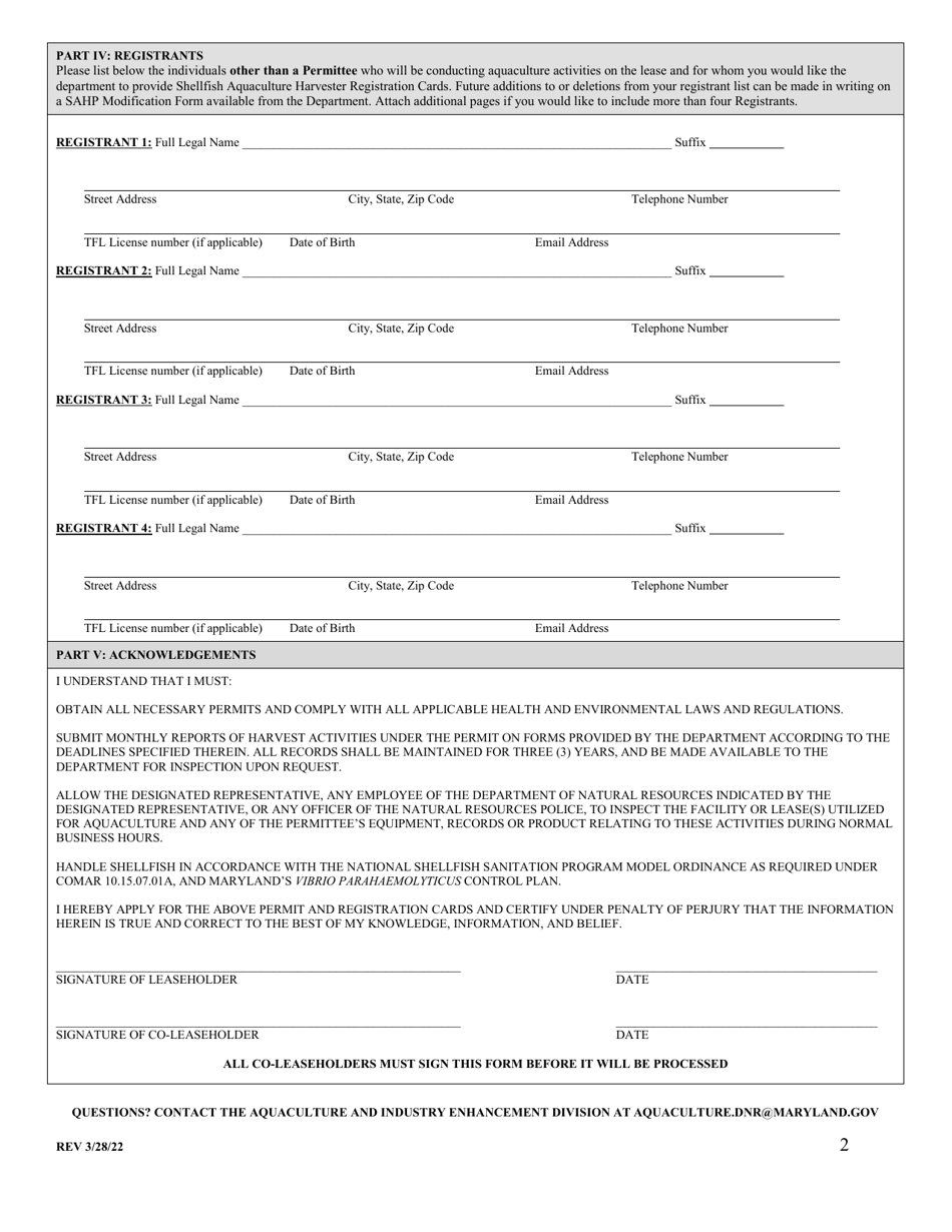 Application for Shellfish Aquaculture Harvester Permit and Registration Cards - Maryland, Page 2