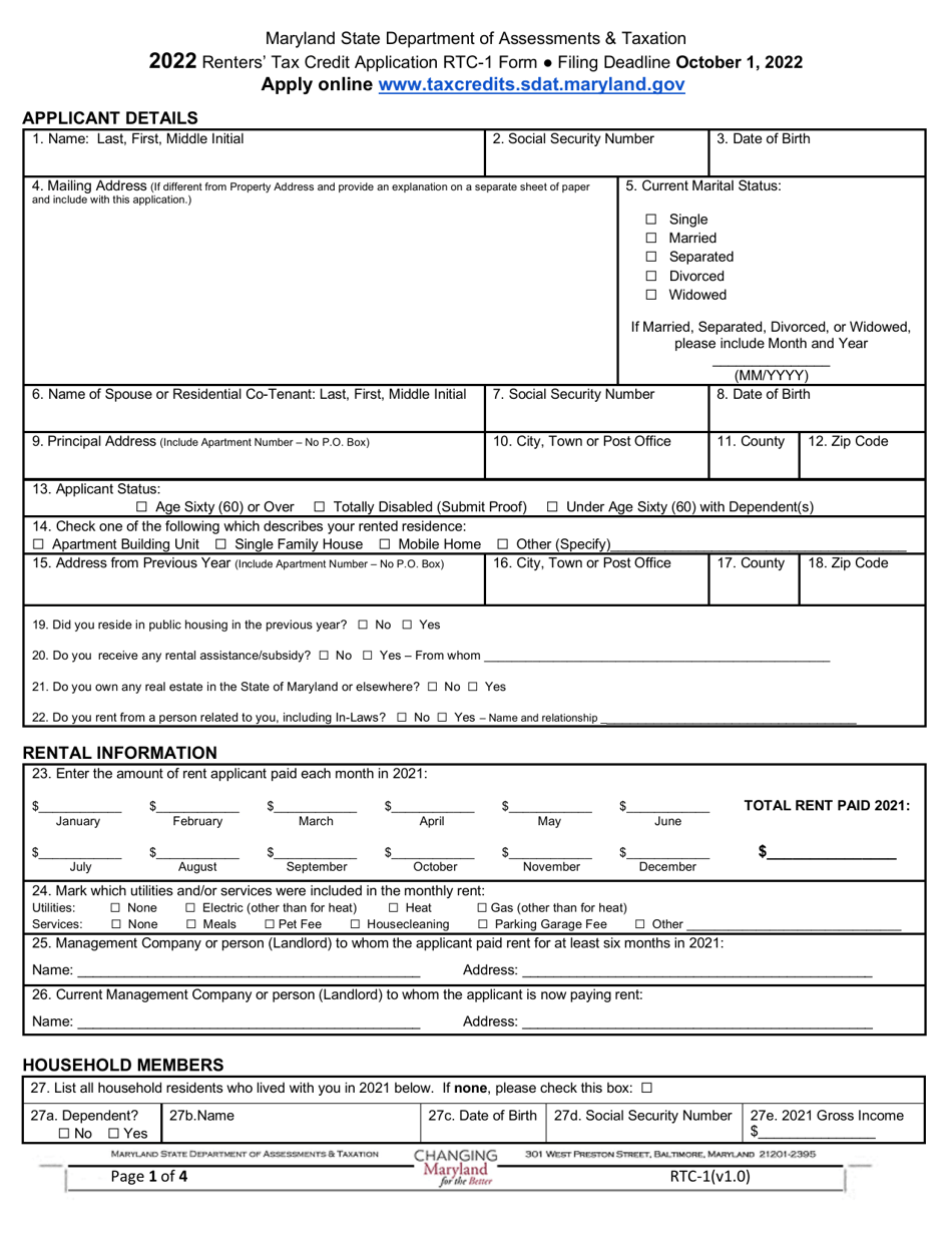 Form RTC1 Download Printable PDF or Fill Online Renters' Tax Credit Application 2022 Maryland