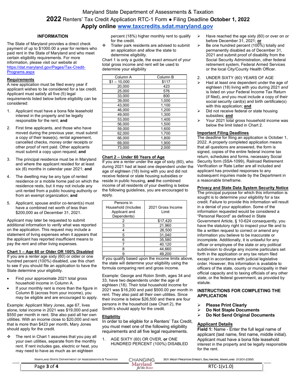 Form RTC-1 Renters Tax Credit Application - Maryland, Page 3