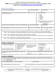Form HTC-1 Homeowners' Property Tax Credit Application - Maryland, 2022