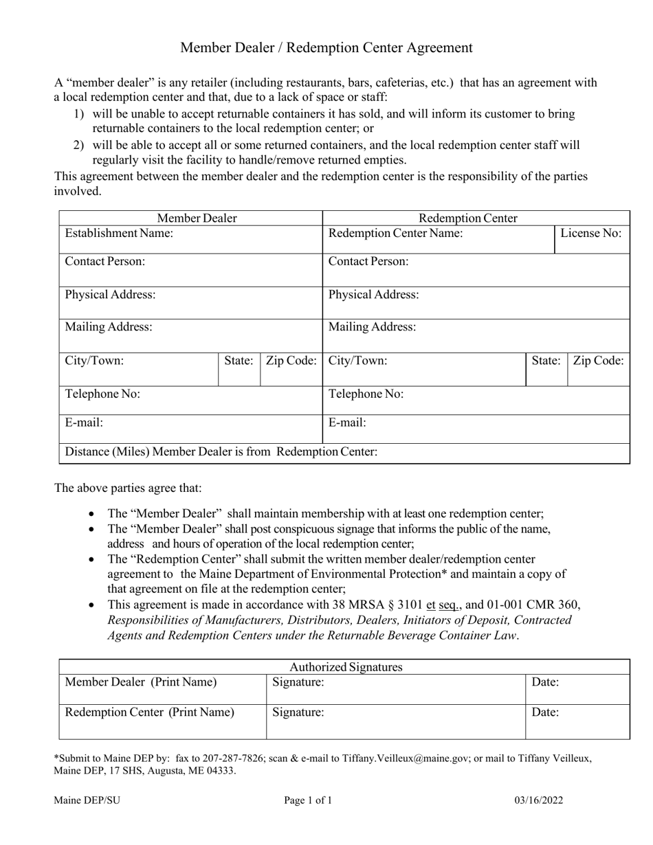 Maine Member Dealer/Redemption Center Agreement Download Fillable PDF