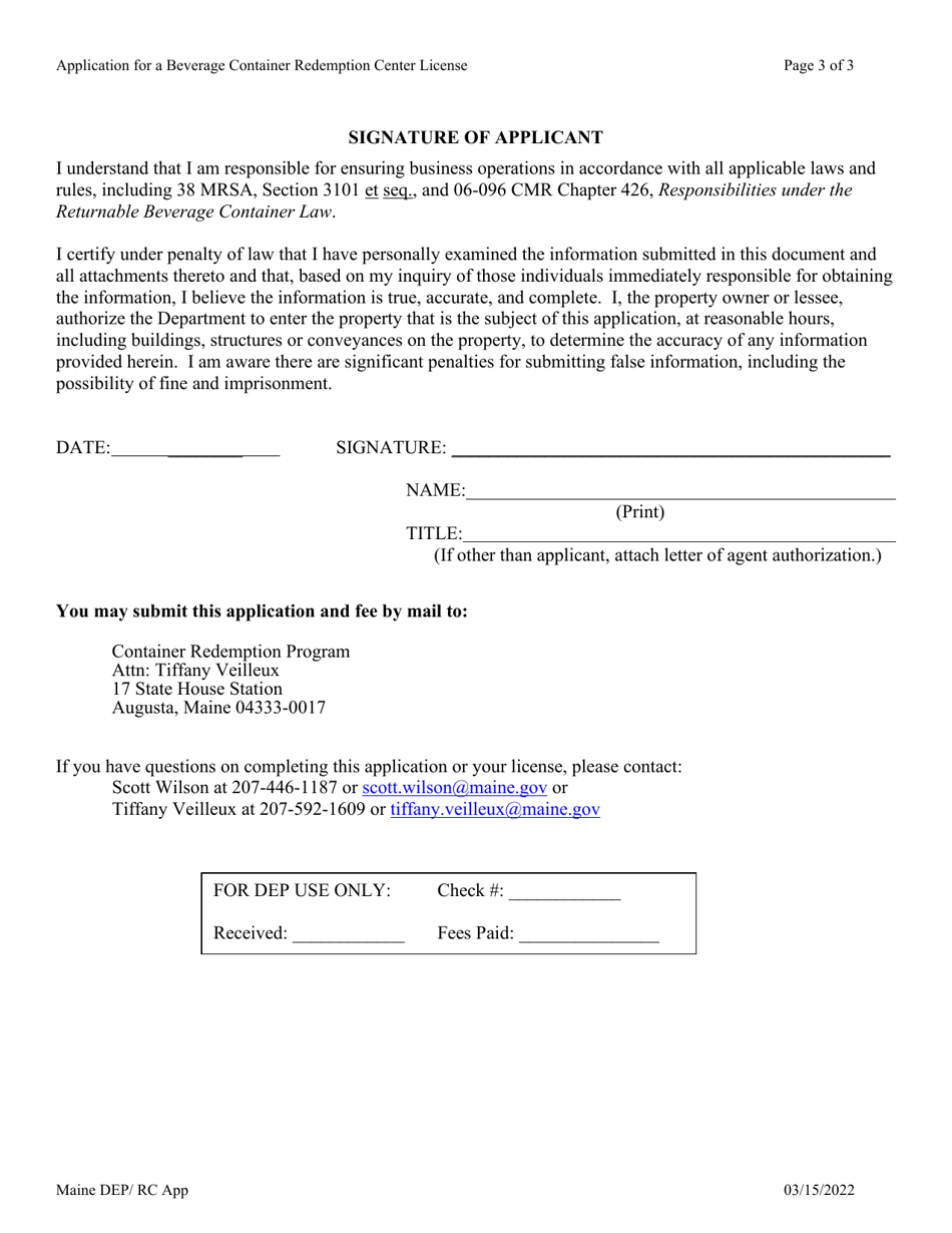 Application for a Maine Redemption Center License - Maine, Page 3