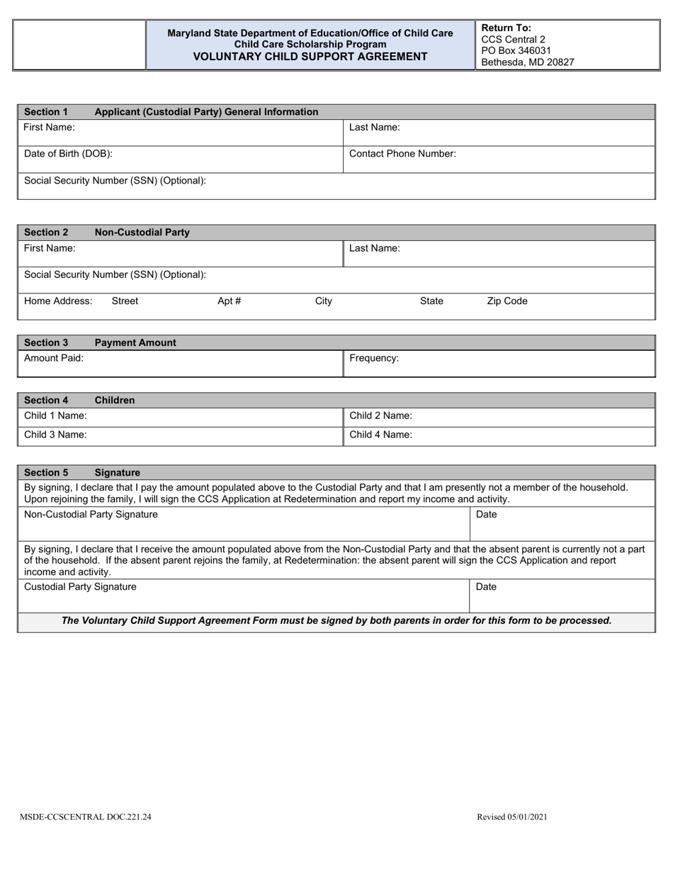 Form DOC.221.24 Voluntary Child Support Agreement - Child Care Scholarship Program - Maryland, Page 1