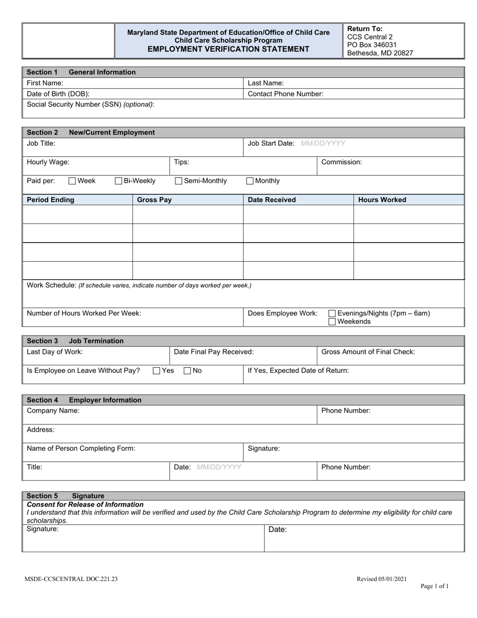 form doc 221 23 download fillable pdf or fill online employment verification statement child care scholarship program maryland templateroller