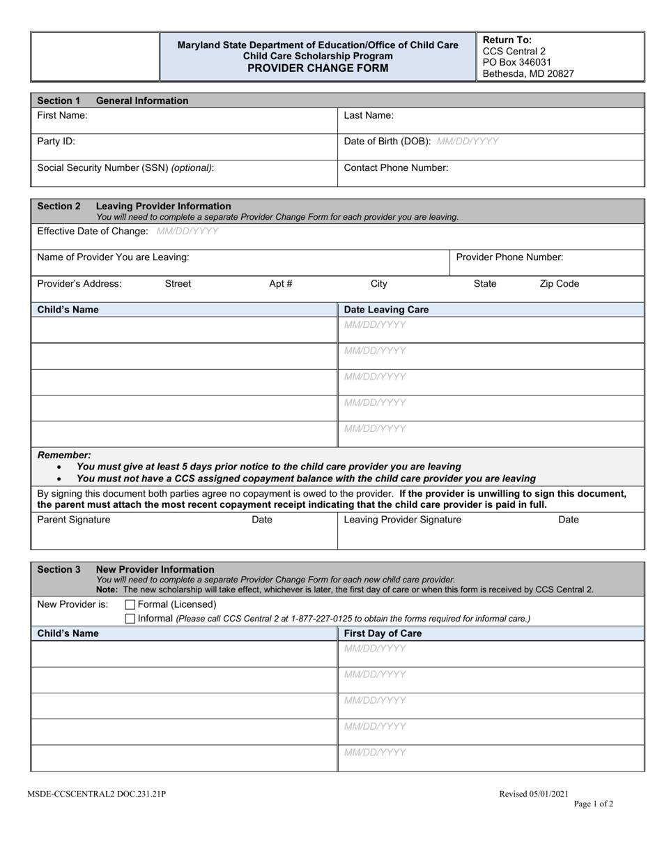 Form DOC.231.21P Provider Change Form - Child Care Scholarship Program - Maryland, Page 1