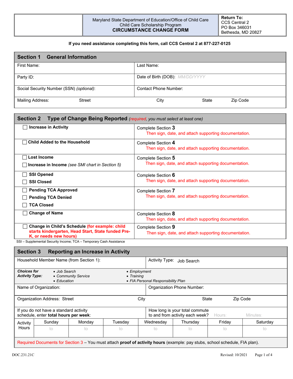 Form DOC.231.21C Circumstance Change Form - Child Care Scholarship Program - Maryland, Page 1